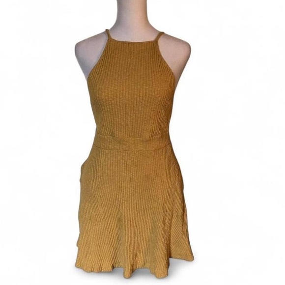 Free People Beach Mustard Yellow Rib Knit Sunbaked Mini Dress size Small - Picture 2 of 7